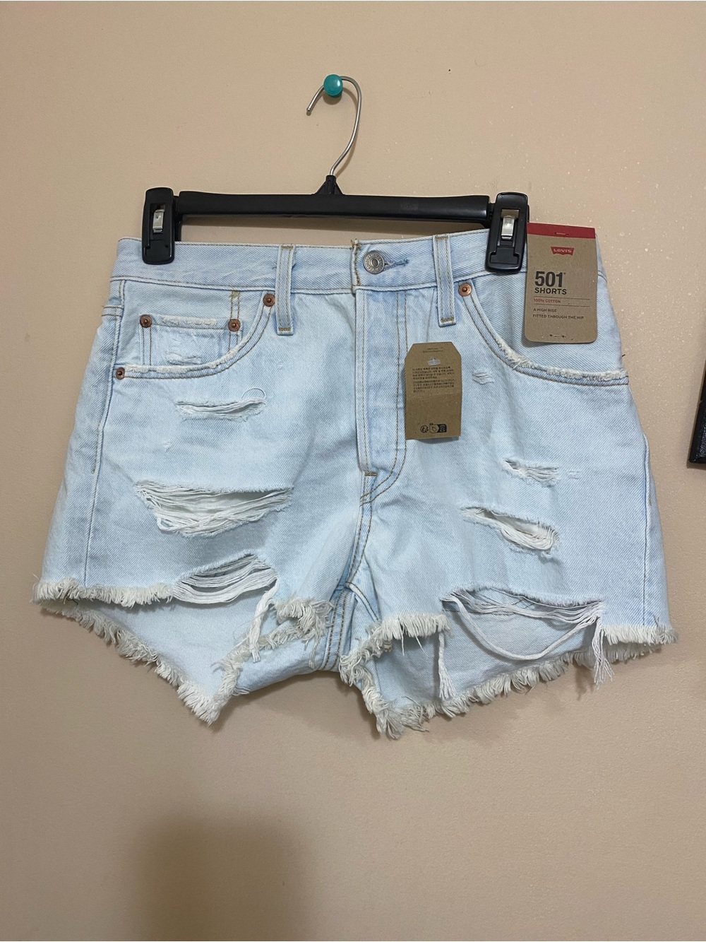 New Levi's 501 High-Rise Distressed Denim Shorts - Light Blue Button fly size 28